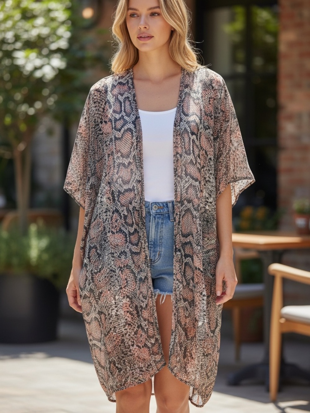 Live 4 Truth Pink &‎ Gray Snakeskin Open Front Duster Kimono Lightweight Sheer L